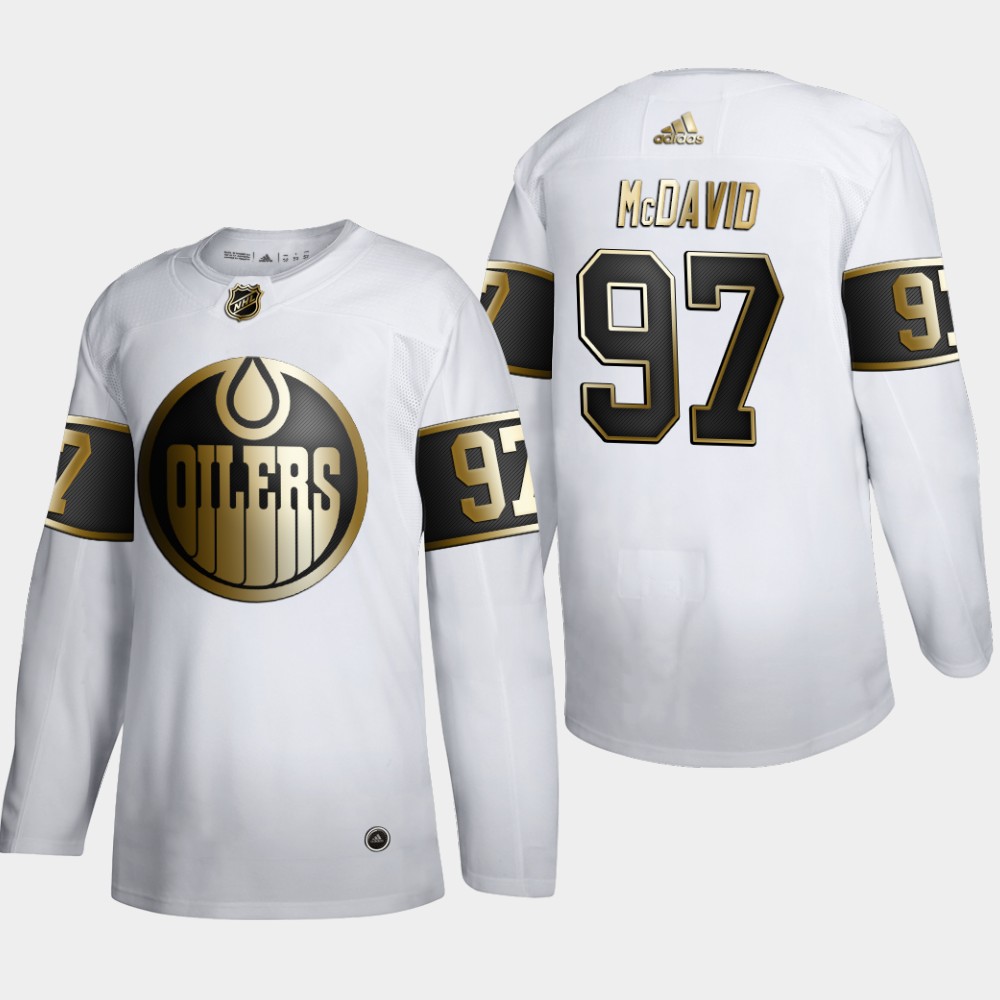 Cheap Edmonton Oilers 97 Connor McDavid Men Adidas White Golden Edition Limited Stitched NHL Jersey